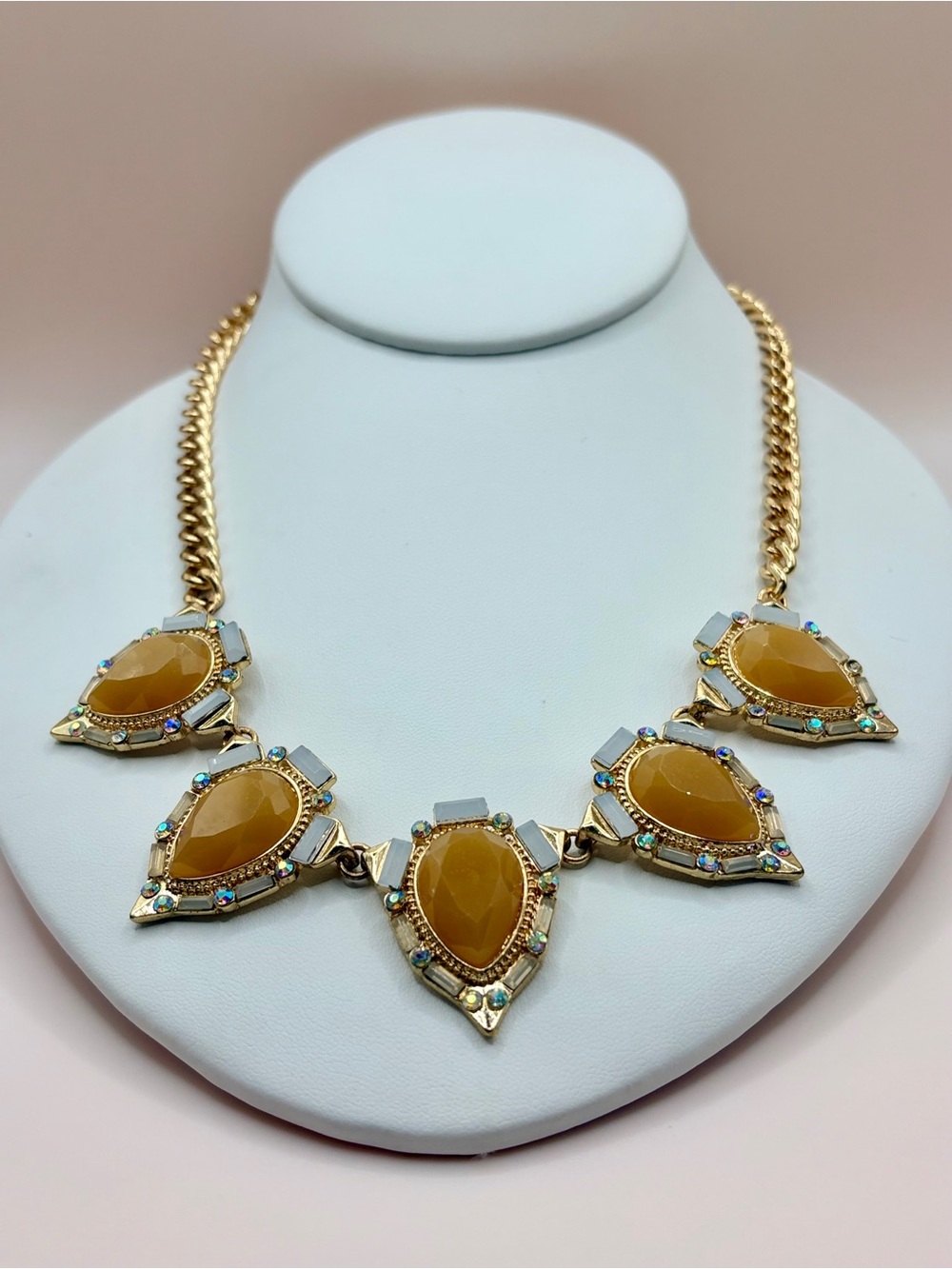 Dazzling Gold-Tone Amber Teardrop Statement Necklace